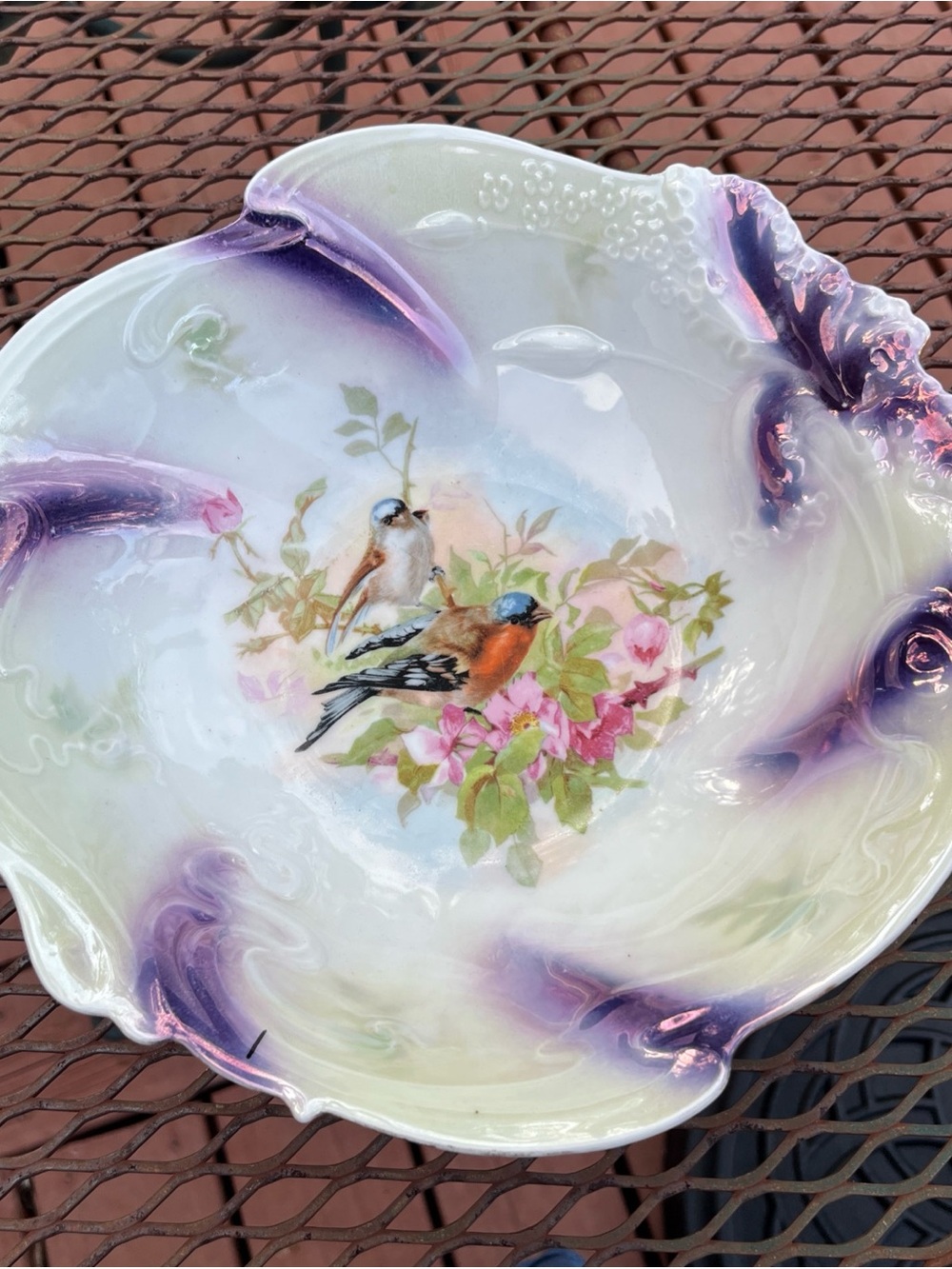 Vintage Iridescent Lusterware Porcelain Bird Motif Bowl Purple white cottage
